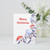 クリスマスおもしろいペンギンの水彩画 シーズンポストカード (スタンド正面)