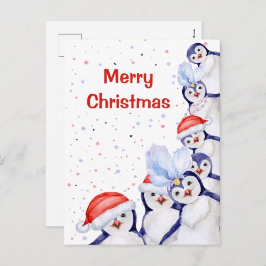 クリスマスおもしろいペンギンの水彩画 シーズンポストカード (正面/裏面)