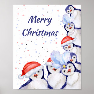 クリスマスおもしろいペンギンの水彩画 ポスター