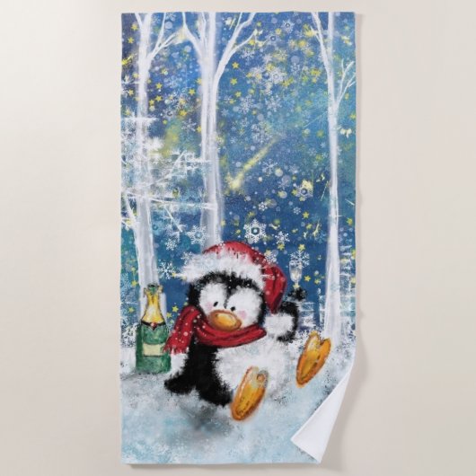 クリスマスおもしろいペンギンビーチタオル ビーチタオル (正面)