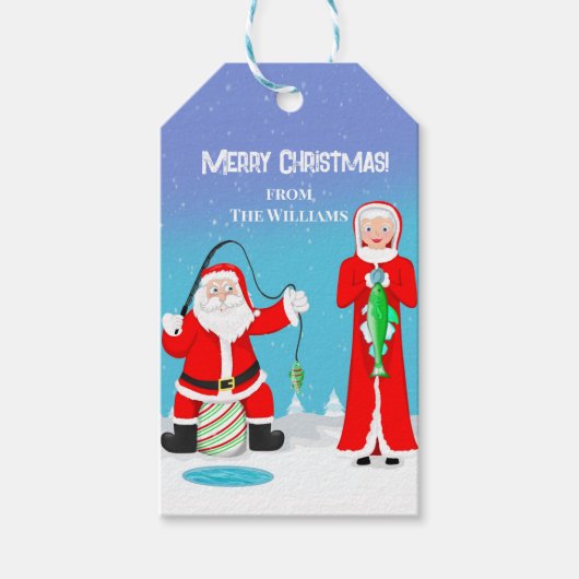 クリスマスおもしろいミセスクロースビートサンタ魚釣り ギフトタグ (正面)