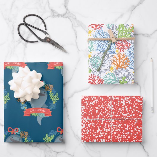 クリスマスおもしろいラッピングパップ付きジンベエザメ ラッピングペーパーシート (正面)