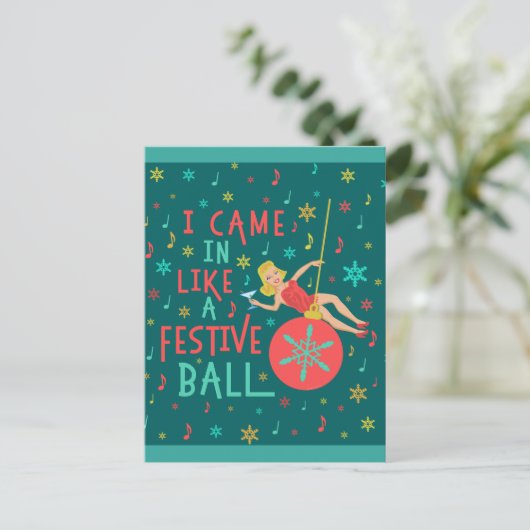 クリスマスおもしろいレトロのフェスティバルの女性 シーズンポストカード (スタンド正面)