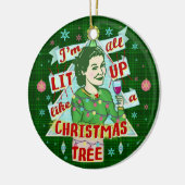 クリスマスおもしろいレトロ飲みユーモア女性がライトアップ セラミックオーナメント (左)