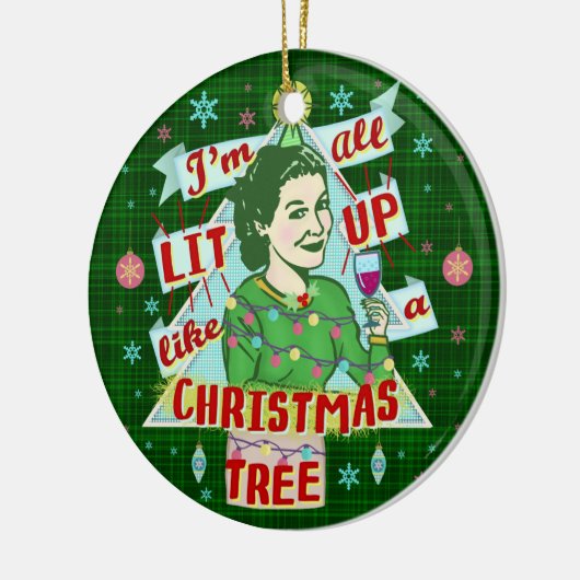 クリスマスおもしろいレトロ飲みユーモア女性がライトアップ セラミックオーナメント (左)