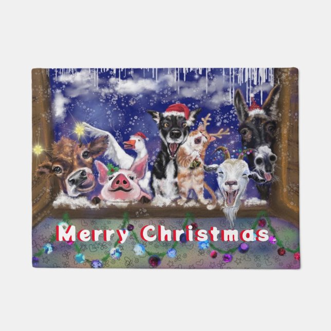 クリスマスおもしろい動物パーティーメリークリスマス ドアマット (正面)