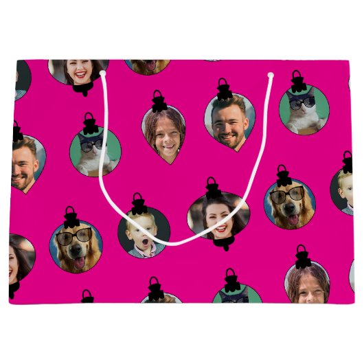 クリスマスおもしろい家族フォト顔オーナメントピンク ラージペーパーバッグ (正面)