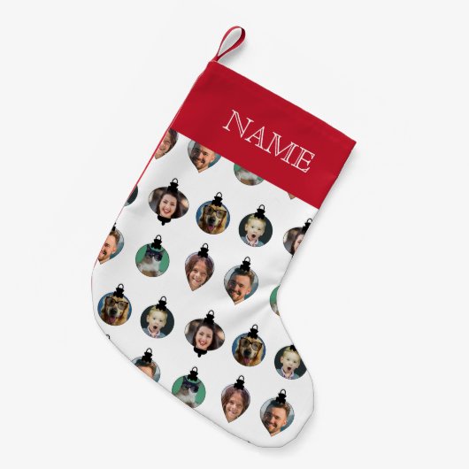クリスマスおもしろい家族フォト顔オーナメント白 スモールクリスマスストッキング (正面 (吊り時))