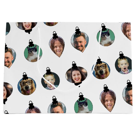 クリスマスおもしろい家族フォト顔オーナメント白 ラージペーパーバッグ (正面)