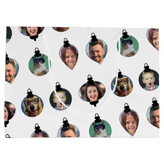 クリスマスおもしろい家族フォト顔オーナメント白 ラージペーパーバッグ (裏面)