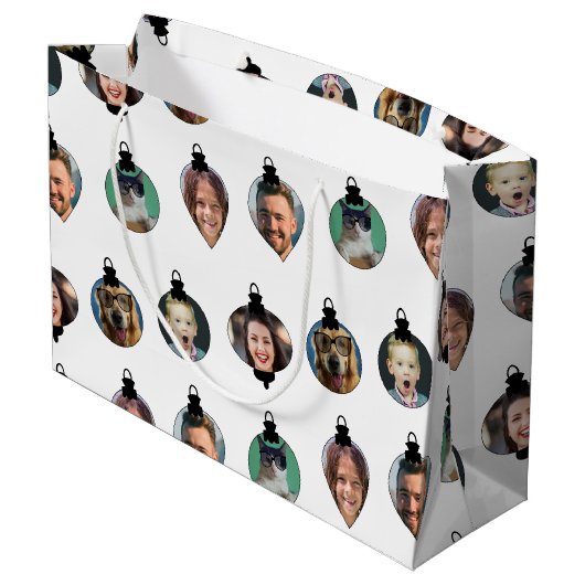 クリスマスおもしろい家族フォト顔オーナメント白 ラージペーパーバッグ (裏面アングル)