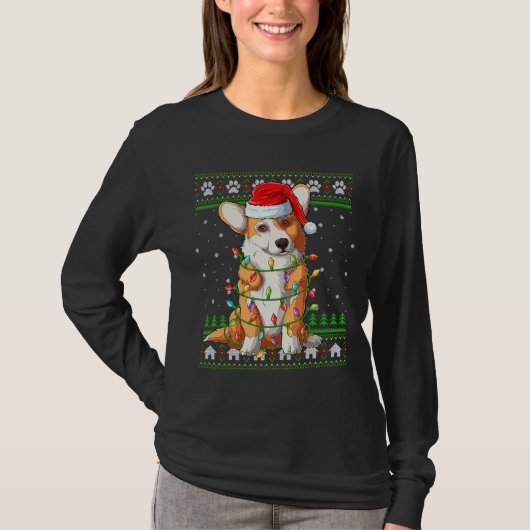 クリスマスおもしろい照明サンタハット醜いウェルシュコーギーChr Tシャツ (正面)