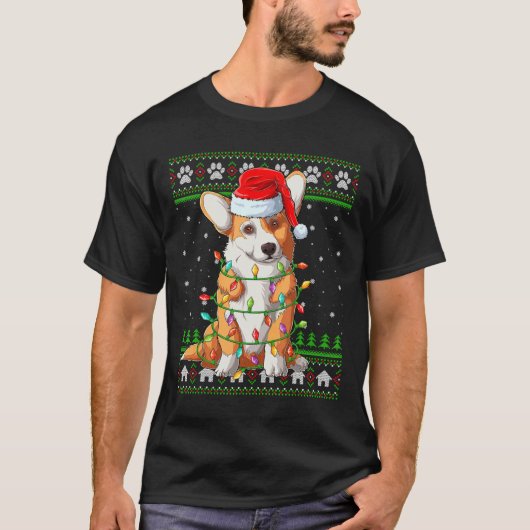 クリスマスおもしろい照明サンタハット醜いウェルシュコーギーChr Tシャツ (正面)