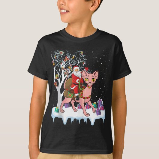 クリスマスおもしろい照明ツリーサンタライディングスフィンクス猫C Tシャツ (正面)