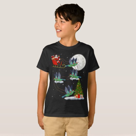 クリスマスおもしろい照明ツリーサンタライディングハミングバード Tシャツ (正面フル)