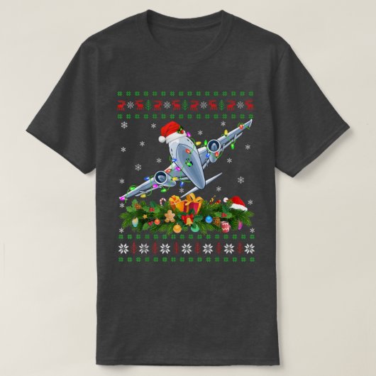 クリスマスおもしろい照明ツリーサンタ醜い飛行機クリス Tシャツ (デザイン正面)