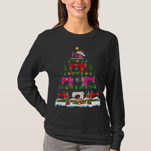 クリスマスおもしろい照明裁縫機械クリスマスツリー Tシャツ (正面)