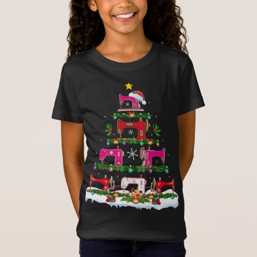クリスマスおもしろい照明裁縫機械クリスマスツリー Tシャツ (正面)