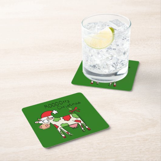 クリスマスおもしろい牛の漫画の子供 スクエアペーパーコースター (インサイチュ)