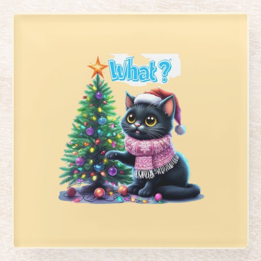 クリスマスおもしろい猫What with Tree Sticker ガラスコースター (正面)