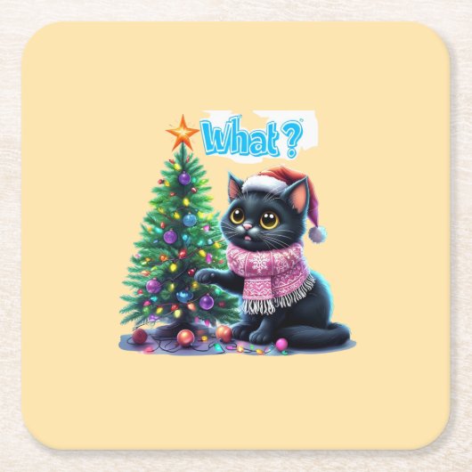 クリスマスおもしろい猫What with Tree Sticker スクエアペーパーコースター (正面)