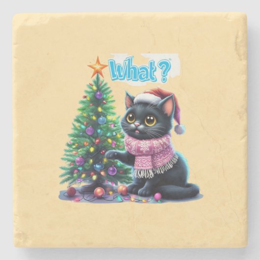 クリスマスおもしろい猫What with Tree Sticker ストーンコースター (正面)