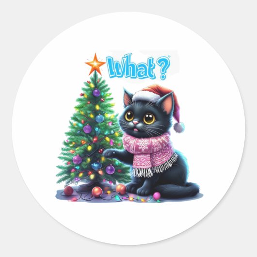 クリスマスおもしろい猫What with Tree Sticker ラウンドシール (正面)