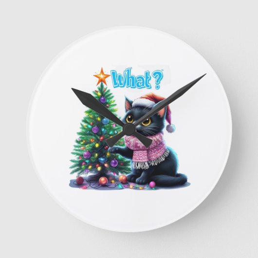 クリスマスおもしろい猫What with Tree Sticker ラウンド壁時計 (正面)