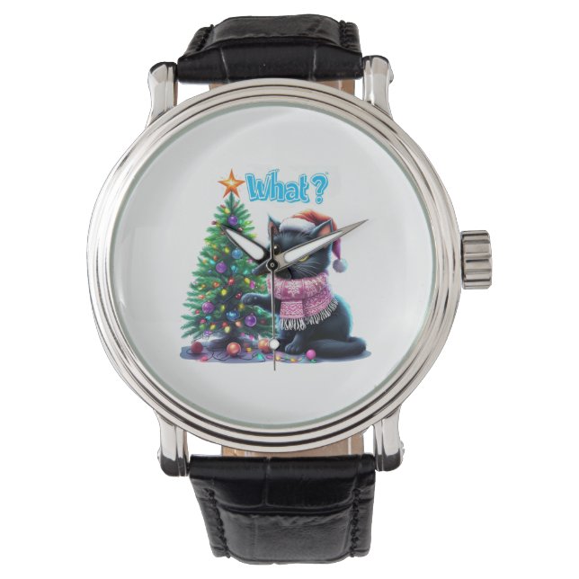 クリスマスおもしろい猫What with Tree Sticker 腕時計 (正面)