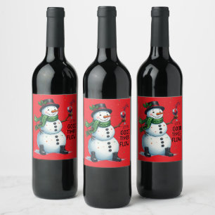 クリスマスおもしろい雪だるまの良い時間のパーティーを飲む ワインラベル