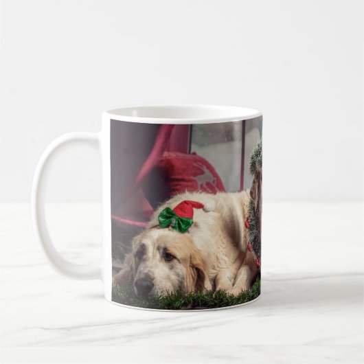 クリスマスおもしろい〔雄ジカの〕枝角とヘッドウェアの写真ドッグ コーヒーマグカップ (左)
