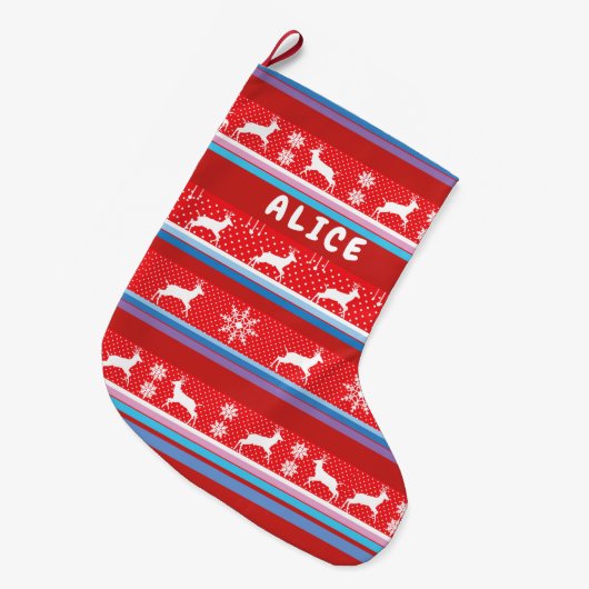 クリスマスおよび明けましておめでとう! 北欧パターン ラージクリスマスストッキング (正面 (吊り時))
