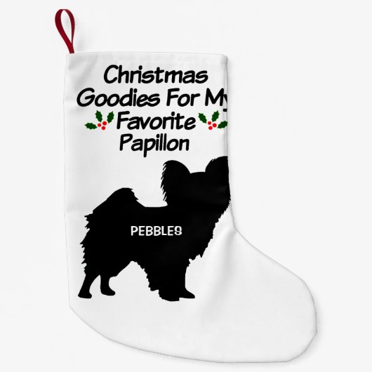 クリスマスお気に入りのパピロン犬 スモールクリスマスストッキング (正面)