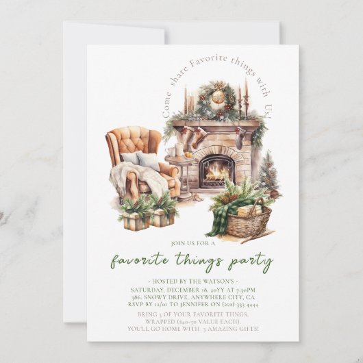 クリスマスお気に入りのモノパーティー居心地の良い暖炉 招待状 (正面)