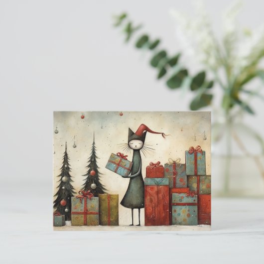 クリスマスお洒落のプレゼントと木がかわいい猫 ポストカード (スタンド正面)