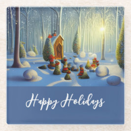 クリスマスお洒落の森の風景 ガラスコースター