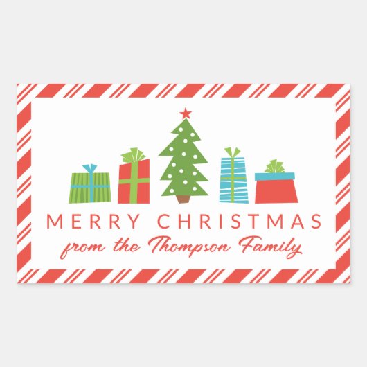 クリスマスお洒落を祝う木と贈り物 長方形シール (正面)