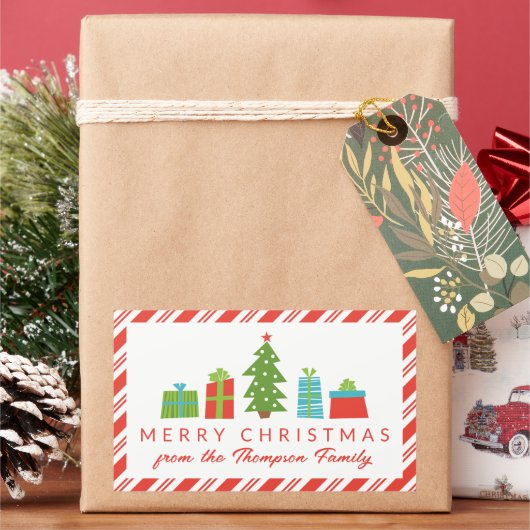 クリスマスお洒落を祝う木と贈り物 長方形シール (クリスマス)
