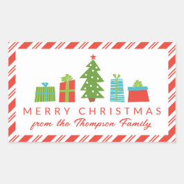 クリスマスお洒落を祝う木と贈り物 長方形シール