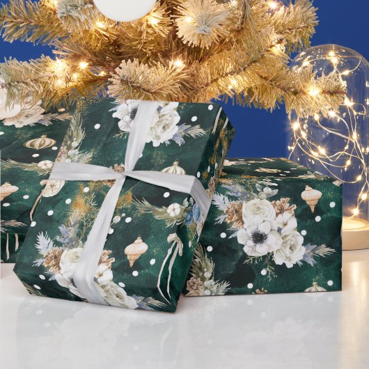 クリスマスお洒落紙白い花模様 ラッピングペーパー (クリスマス)