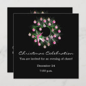 クリスマスお祝いピンクリース（黒） 招待状 (正面/裏面)