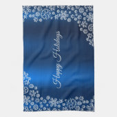 クリスマスお祝いホワイトスノーフレークスネイビーブルー キッチンタオル (縦)