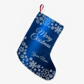 クリスマスお祝いホワイトスノーフレークスネイビーブルー スモールクリスマスストッキング (正面 (吊り時))