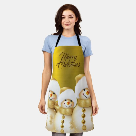 クリスマスお祝い金ゴールド雪だるまウィンターホリデー エプロン (着用した状態)