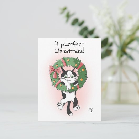 クリスマスからぶらぶらしている可愛い漫画リース シーズンポストカード (スタンド正面)