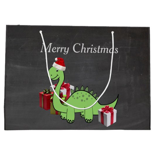 クリスマスかわいいおもしろいサンタ恐竜の黒板 ラージペーパーバッグ (裏面)