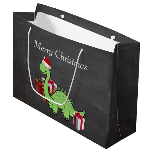 クリスマスかわいいおもしろいサンタ恐竜の黒板 ラージペーパーバッグ (正面アングル)