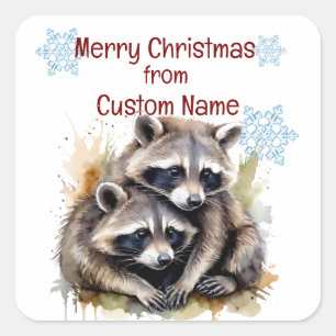 クリスマスかわいいアライグマのカップルカスタマイズ動物 スクエアシール