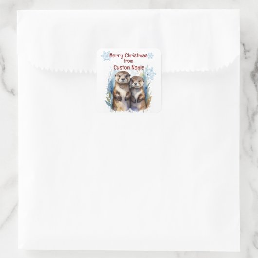 クリスマスかわいいオッターカップルカスタマイズ動物 スクエアシール (バッグ)