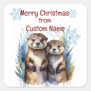 クリスマスかわいいオッターカップルカスタマイズ動物 スクエアシール